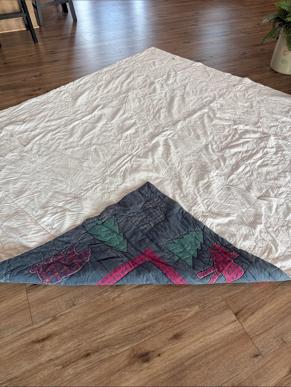 ♥️Rustic Navy Quilt Trees and Moose - shes tired, faded, worn BUT not done! ❤️